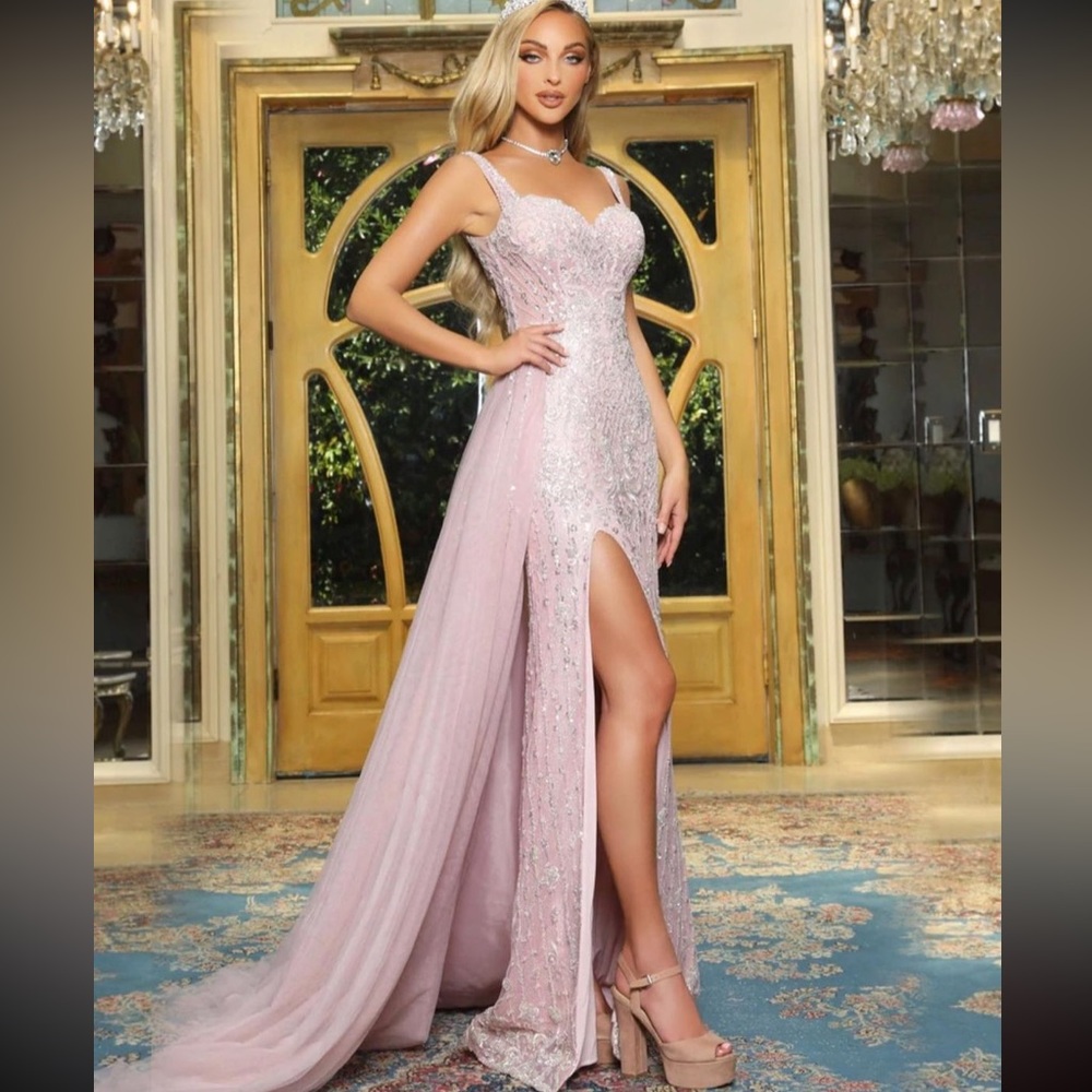 Portia & Scarlett Pink Sequined Long Gown with Side Train